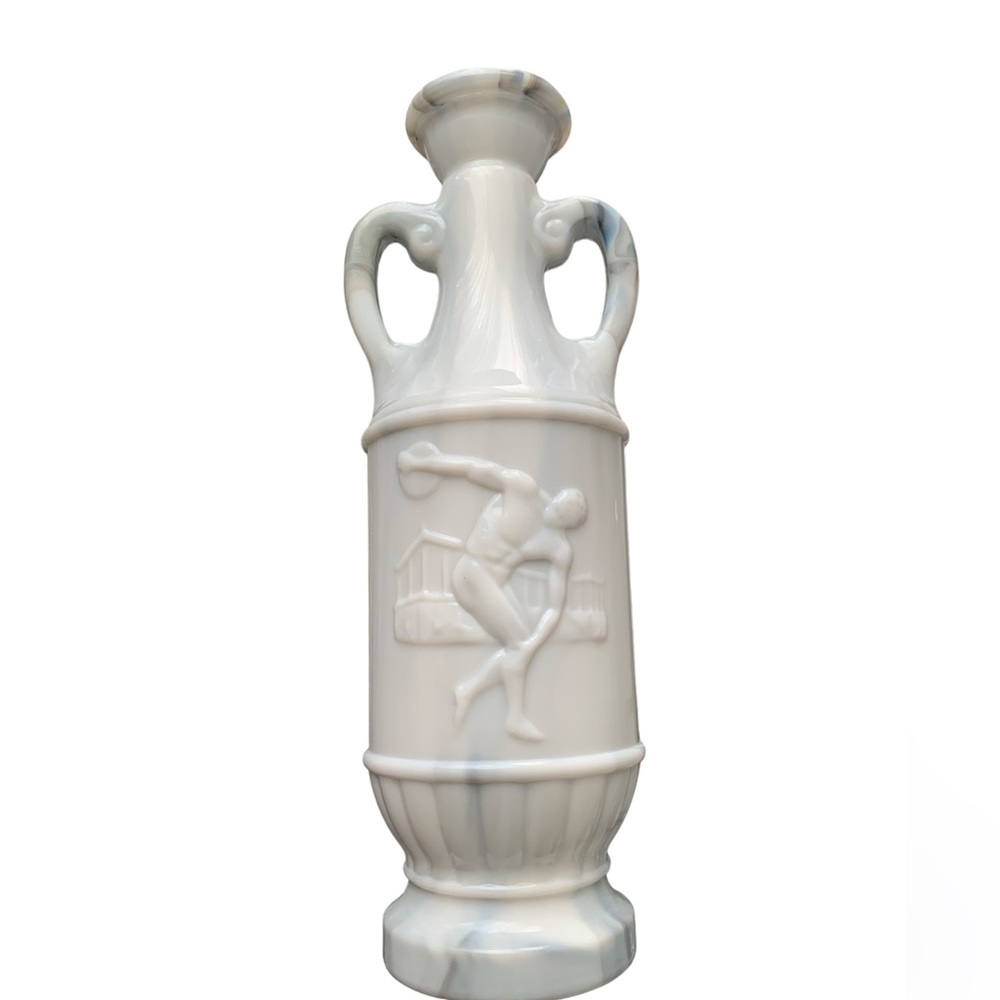 Vintage JIM BEAM Decanter Bottle W/Lid White /gray slag glass Discus Thrower